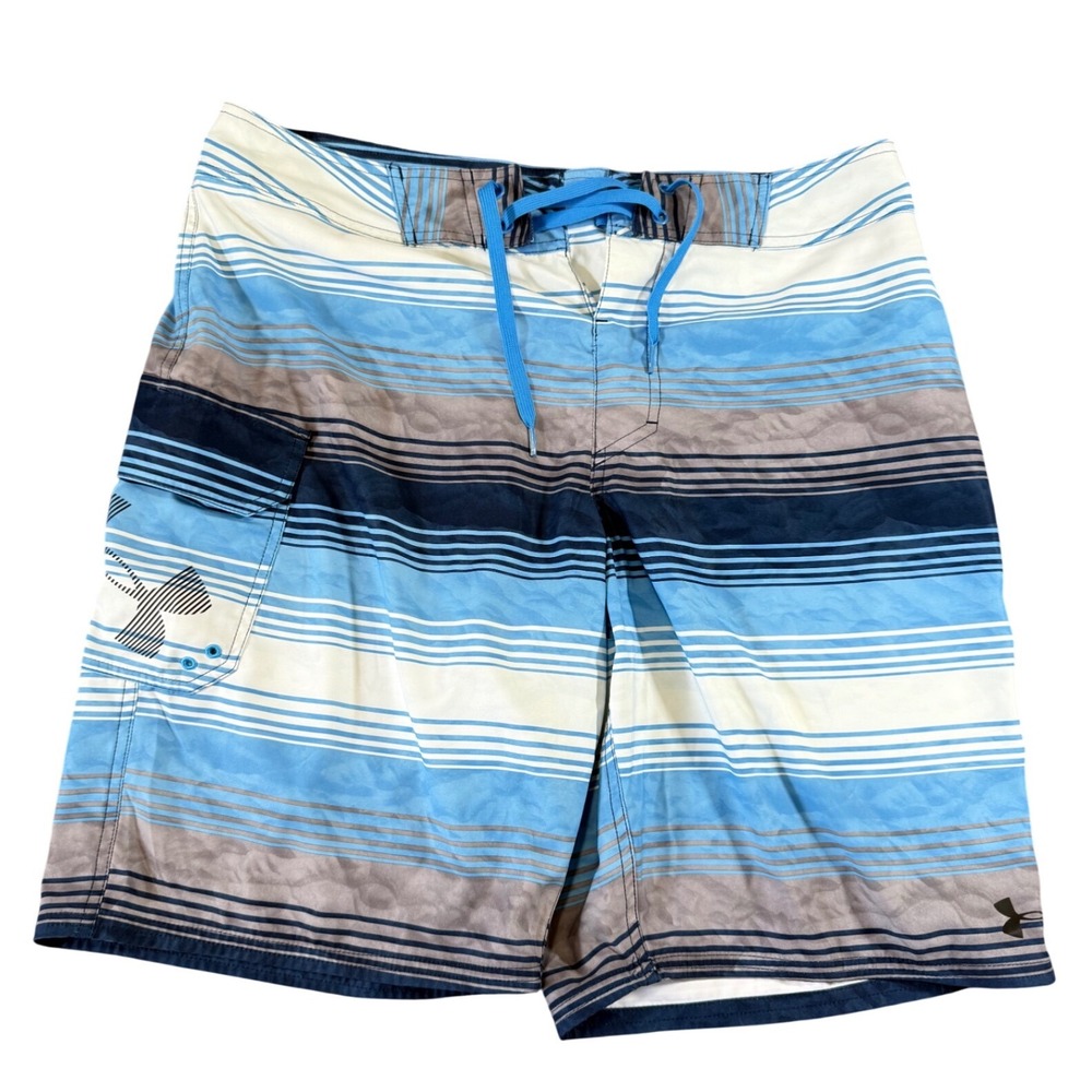 Under Armour HeatGear Board Shorts Size 36 Blue White Striped Swim EUC